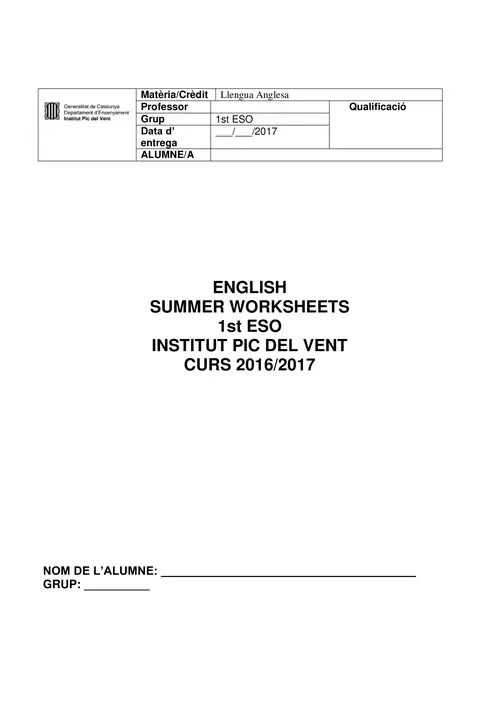 ENGLISH SUMMER WORKSHEETS 1st ESO INSTITUT PIC DEL