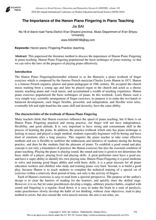 The Importance of the Hanon Piano Fingering in Piano Teaching Jie