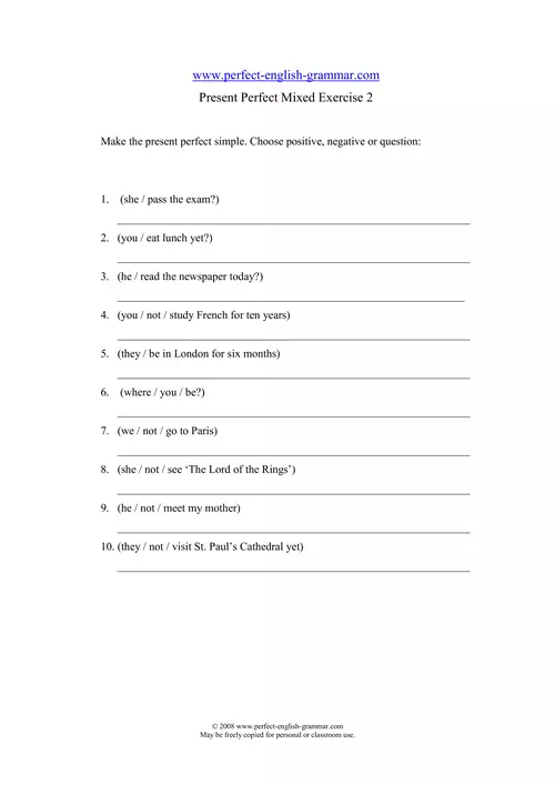 Present Perfect Mixed Exercise 2